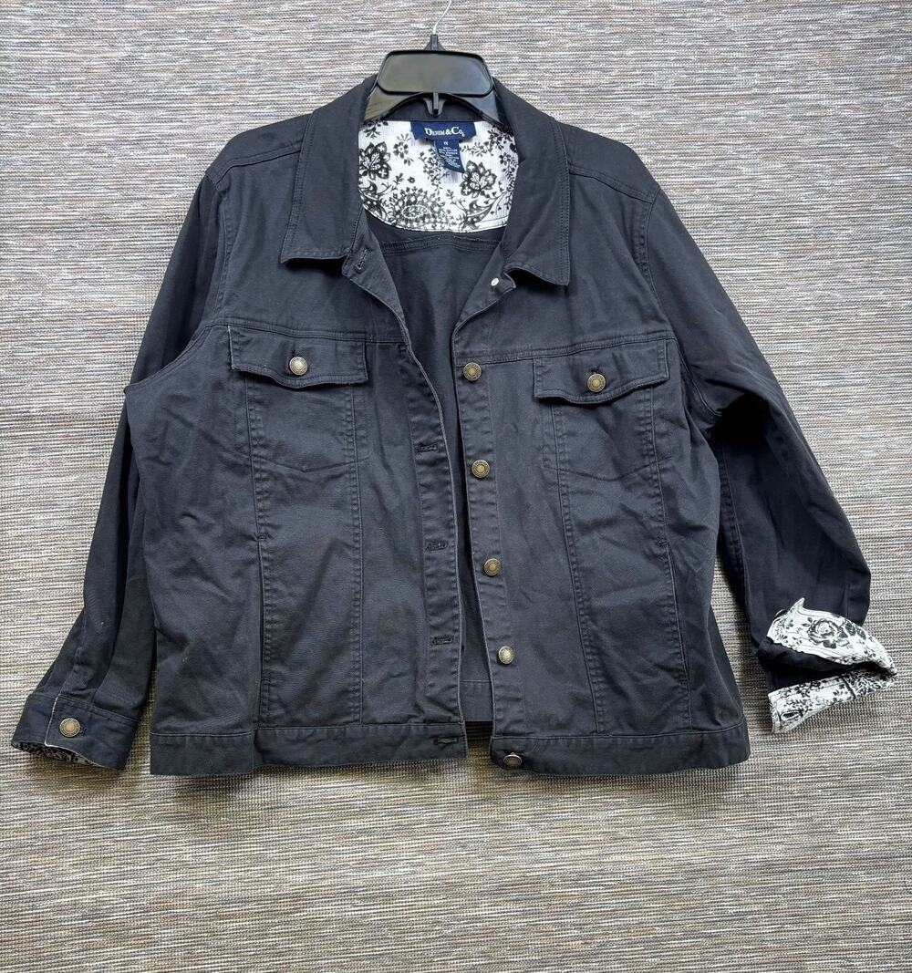 Denim & Co Jacket Womens Size 1X Black Cotton Twill Lined Button Pockets